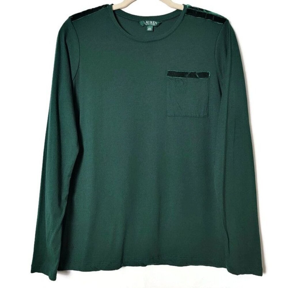 Lauren Ralph Lauren Womens Green Velvet Accents Long Sleeve Top Large